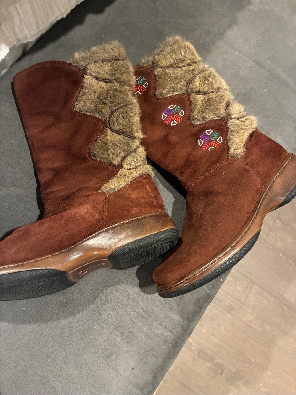 Dansko Brown Suede Winter Boots with Faux-Fur Cuff and Embroidered Accents